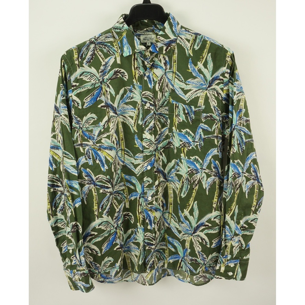 Hartford Men's XL‎ Long Sleeve Green Blue Palm Tree Jersey Cotton Hawaiian Shirt
